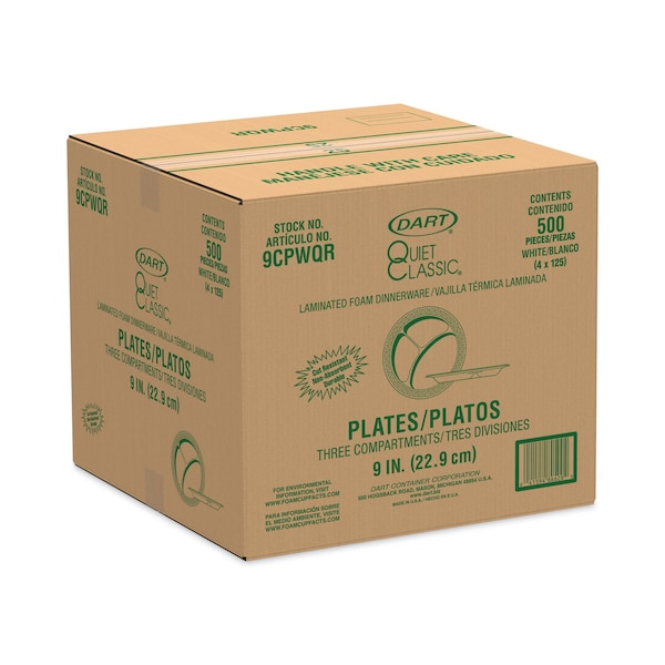 Dart Laminated Foam Plates, 9" dia, White, Round, 3 Compartments, PK500 - 9CPWQ