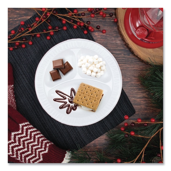 Dart Laminated Foam Plates, 9" dia, White, Round, 3 Compartments, PK500 - 9CPWQ