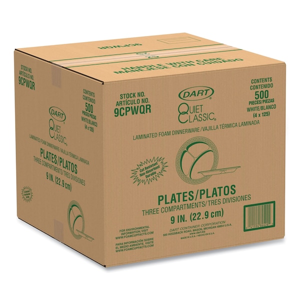 Dart Laminated Foam Plates, 9" dia, White, Round, 3 Compartments, PK500 - 9CPWQ