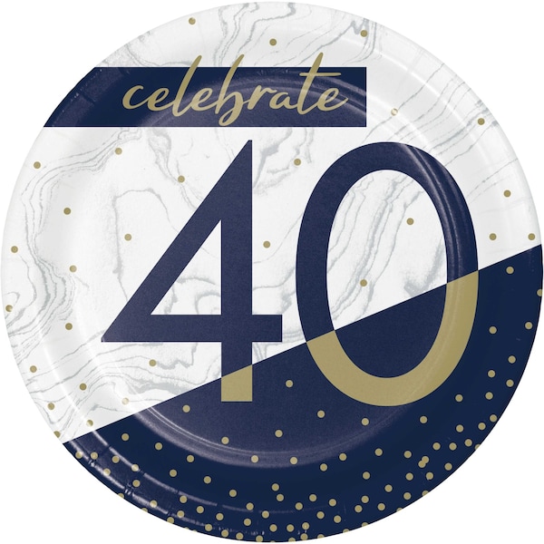 Creative Converting Navy and Gold 40th Birthday Dessert Plates, 7", 96PK - 357593