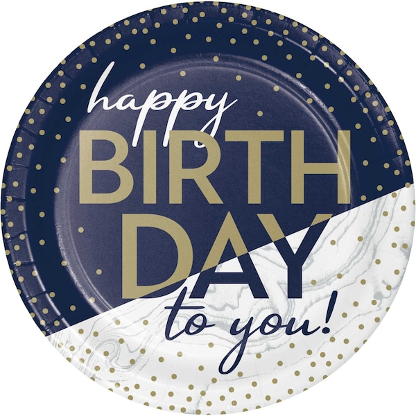 Creative Converting Navy and Gold Birthday Dessert Plates, 7", 96PK - 357591