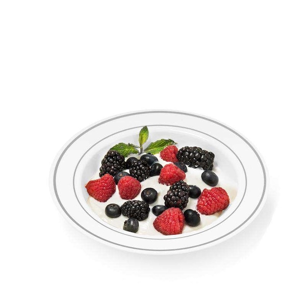 Smarty Had A Party 12 oz. White with Silver Edge Rim Plastic Soup Bowls (120 Bowls), 120PK - 111S-CASE