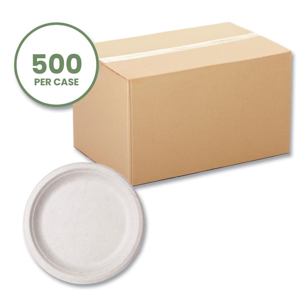 Vegware Nourish Molded Fiber Tableware, Compostable, Plate, Sugarcane, 9 dia, White, 500PK - VW-P013NFA