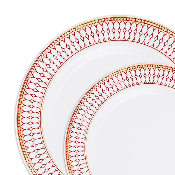 Smarty Had A Party White w/Red and Gold Chord Rim Plastic Dinnerware Set (120 Dinner Plates + 120 Salad Plates), 240PK - 620BGVP-CASE