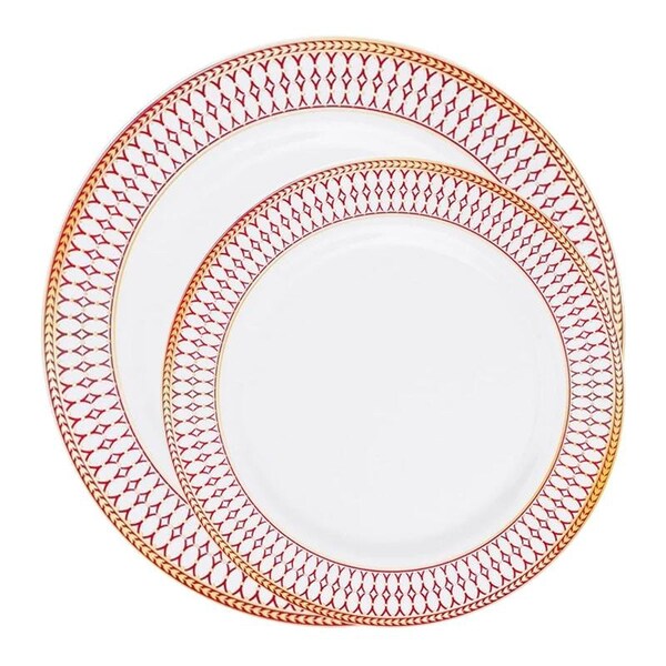 Smarty Had A Party White w/Red and Gold Chord Rim Plastic Dinnerware Set (120 Dinner Plates + 120 Salad Plates), 240PK - 620BGVP-CASE