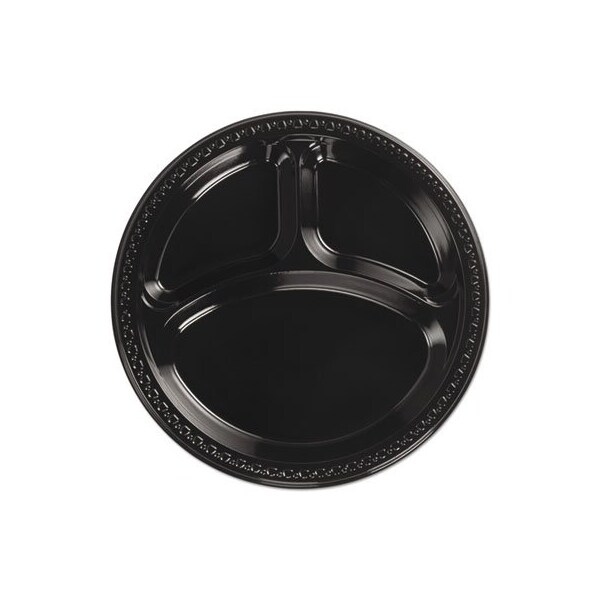 Huhtamaki Chinet, Heavyweight Plastic 3 Compartment Plates, 10 1/4in Dia, Black, 4PK - 81430