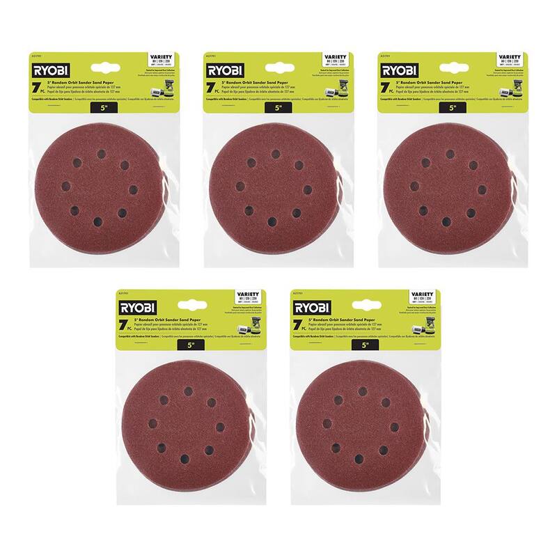 RYOBI Juego de surtido de papel de lija de órbita aleatoria de 5 pulgadas con 35 piezas - 80, 120 y 220 Grano - A21701-5