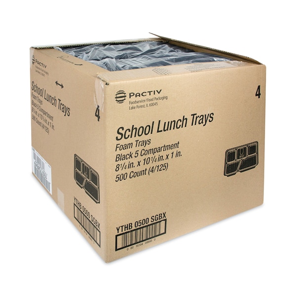 Pactiv Lightweight Foam School Trays, 5-Comp, 8.25 x 10.25 x 1, Black, PK500 PK - YTHB0500SGBX