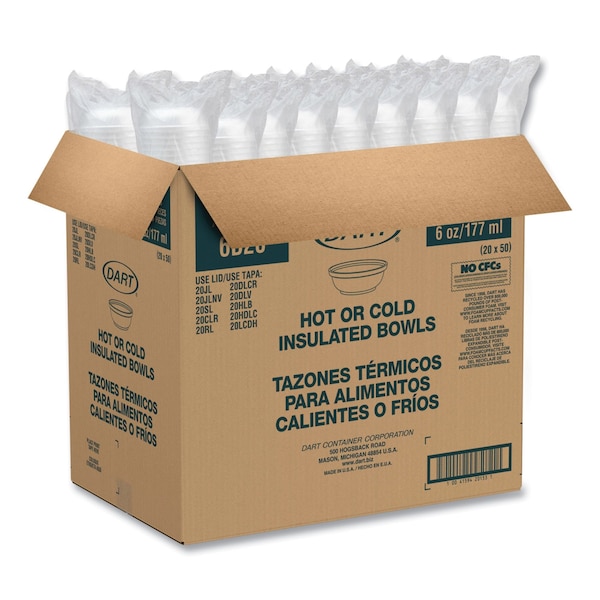 Dart Insulated Foam Bowls, 6 oz, White, PK1000 - 6B20