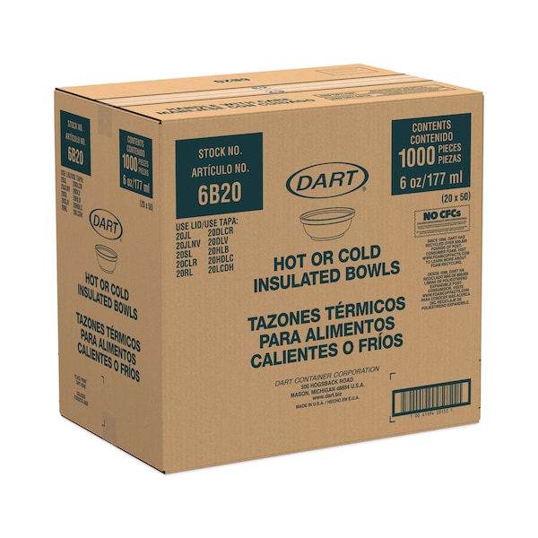 Dart Insulated Foam Bowls, 6 oz, White, PK1000 - 6B20