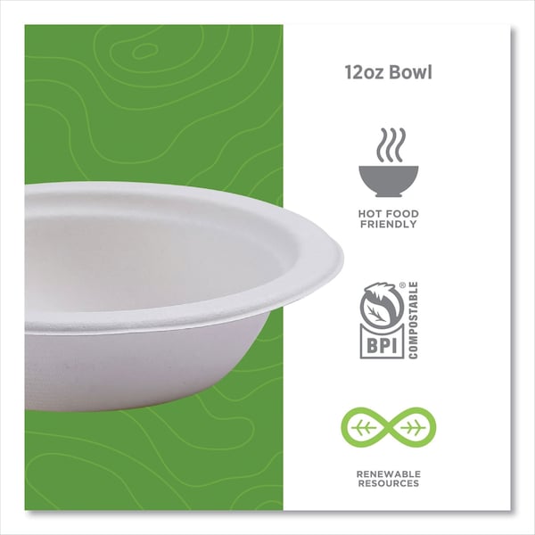 Eco-Products Vanguard Renewable and Compostable Sugarcane Bowls, 12 oz, Wht, PK1000 - EP-BL12NFA