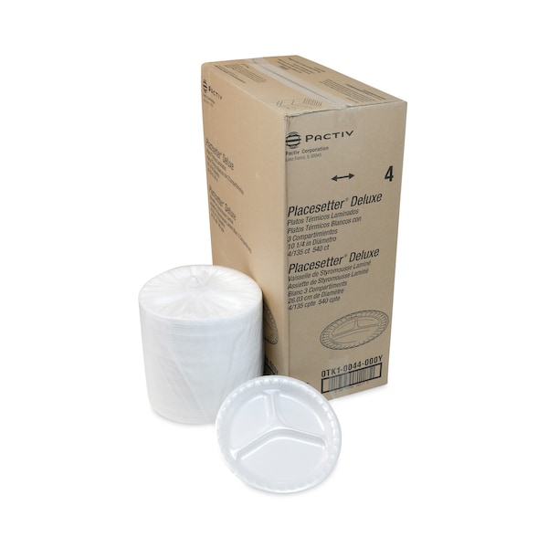 Pactiv Laminated Foam Dinnerware, 3-Comp Plate, 10.25in Dia, White, PK540 - 0TK10044000Y