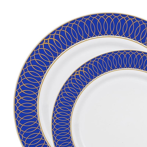 Smarty Had A Party White with Gold Spiral on Blue Rim Plastic Dinnerware Set (120 Dinner Plates+120 Salad Plates), 240PK - 670BGVP-CASE