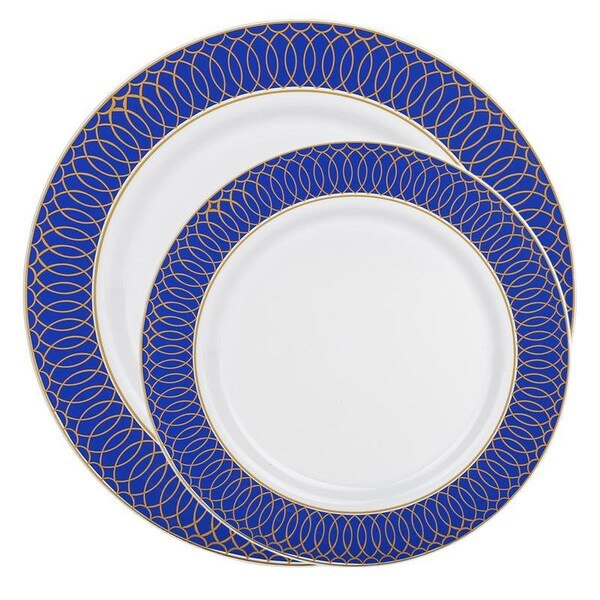 Smarty Had A Party White with Gold Spiral on Blue Rim Plastic Dinnerware Set (120 Dinner Plates+120 Salad Plates), 240PK - 670BGVP-CASE