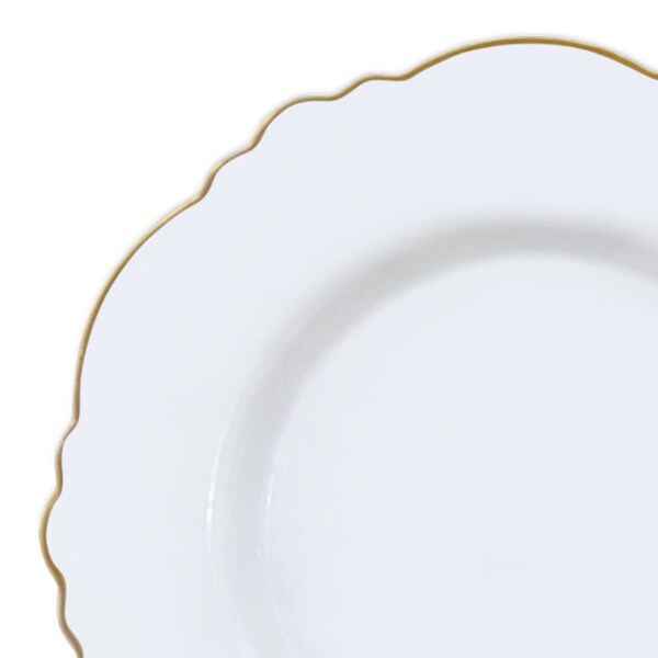 Smarty Had A Party 10.25" White with Gold Rim Round Blossom Disposable Plastic Dinner Plates (120 Plates), 120PK - 4840WHG-CASE