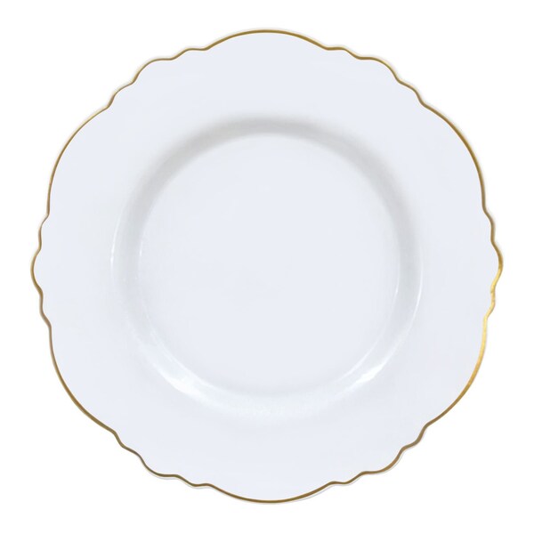 Smarty Had A Party 10.25" White with Gold Rim Round Blossom Disposable Plastic Dinner Plates (120 Plates), 120PK - 4840WHG-CASE