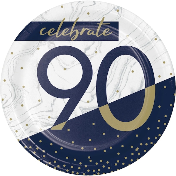 Creative Converting Navy and Gold 90th Birthday Dessert Plates, 7", 96PK - 357598