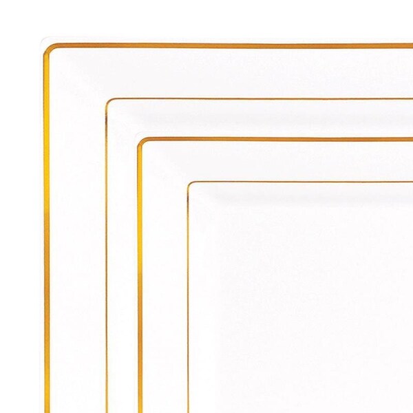 Smarty Had A Party White w/Gold Square Edge Rim Plastic Dinnerware Value Set (120 Dinner Plates+120 Salad Plates), 240PK - 519GVP-CASE