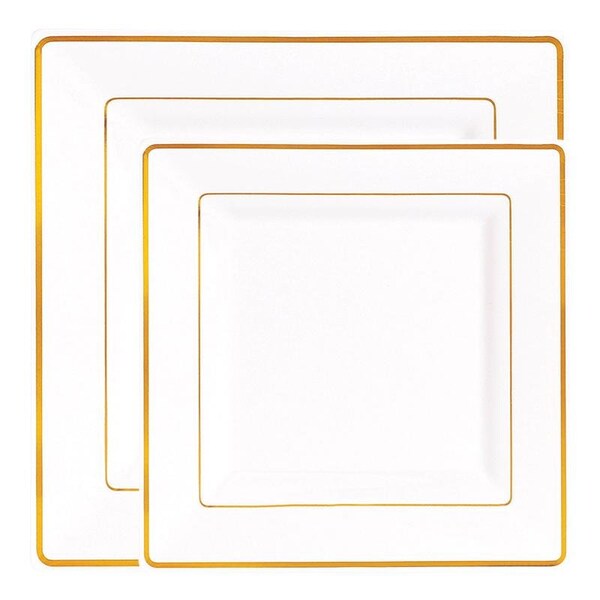 Smarty Had A Party White w/Gold Square Edge Rim Plastic Dinnerware Value Set (120 Dinner Plates+120 Salad Plates), 240PK - 519GVP-CASE