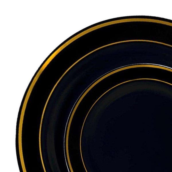 Smarty Had A Party Black with Gold Edge Rim Plastic Dinnerware Value Set (120 Dinner Plates + 120 Salad Plates), 240PK - 110BGVP-CASE