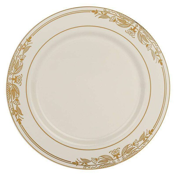 Smarty Had A Party 10.25" Ivory with Gold Harmony Rim Plastic Dinner Plates (120 plates), 120PK - 640G-CASE