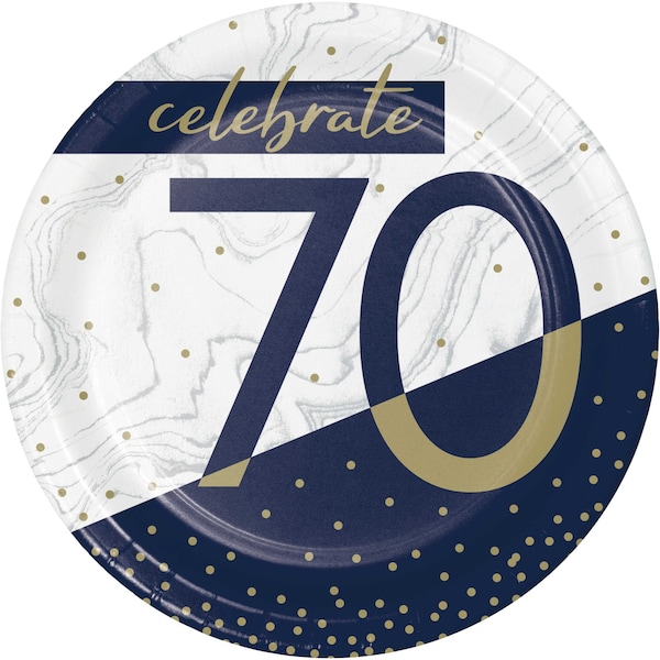 Creative Converting Navy and Gold 70th Birthday Dessert Plates, 7", 96PK - 357596
