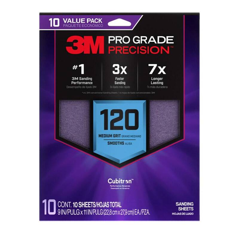 Hoja de lijado de grano 120 de 9 pulgadas x 11 pulgadas de precisión Pro Grade de 3M con respaldo antideslizante para lijado más rápido (paquete de 10) - SHR120-PGP-10T