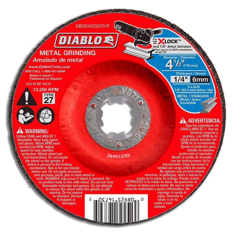 DIABLO 4.5 pulgadas x 1/4 de pulgada x 7/8 de pulgada Disco de desbaste de metal Tipo 27 para X-Lock y todos los molinos (Compra 2 y lleva 1 gratis) (Paquete de 3) - DBX045250703P