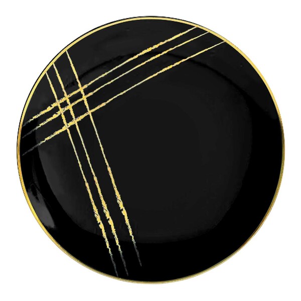 Smarty Had A Party 7.5" Black with Gold Brushstroke Round Disposable Plastic Appetizer/Salad Plates (120 Plates), 120PK - 917BG-CASE