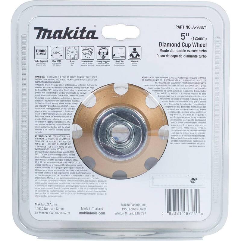 Makita 5 in. Rueda Copa de Diamante Turbo de Baja Vibración, Compatible con Esmeriladoras Angulares con controlador electrónico - A-98871
