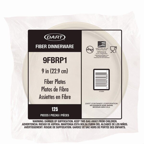 Dart Compostable Molded Fiber Dinnerware, ProPlanet Seal, Plate, 9 dia, Natural, 500PK - 9FBRP1