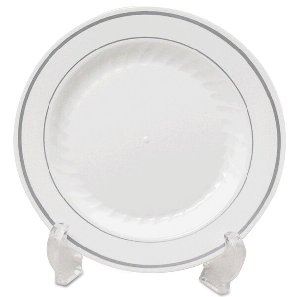 Wna Masterpiece Plastic Dinnerware, Plate, 9 in. dia, White/Silver, 120PK - MP9WSLVR