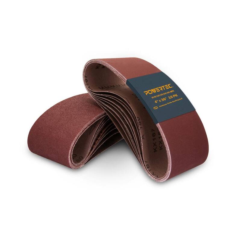 POWERTEC 4 in. x 36 in. 60/80/120/150/240/400-Grit Conjunto de bandas de lija de óxido de aluminio para lijadora de banda y disco (paquete de 18) - 110118