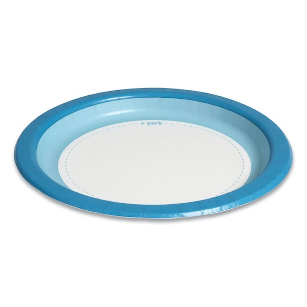 Perk Heavy-Weight Paper Plates, 10in dia, White/Blue, 125PK - PK54330