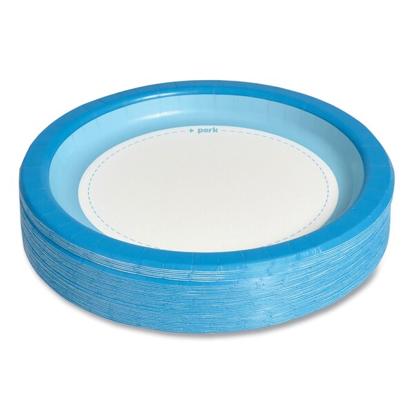 Perk Heavy-Weight Paper Plates, 10in dia, White/Blue, 125PK - PK54330