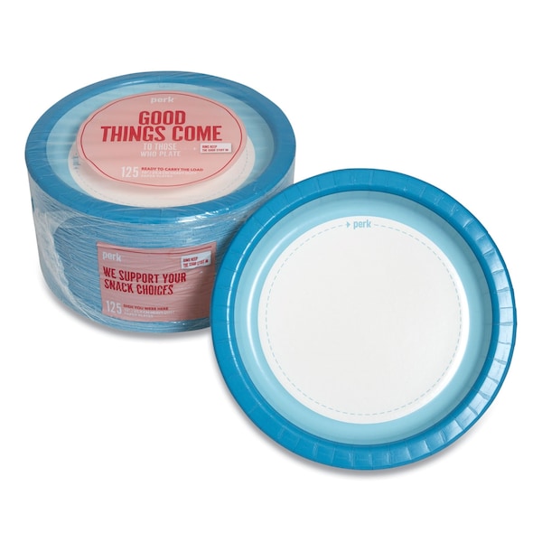 Perk Heavy-Weight Paper Plates, 10in dia, White/Blue, 125PK - PK54330