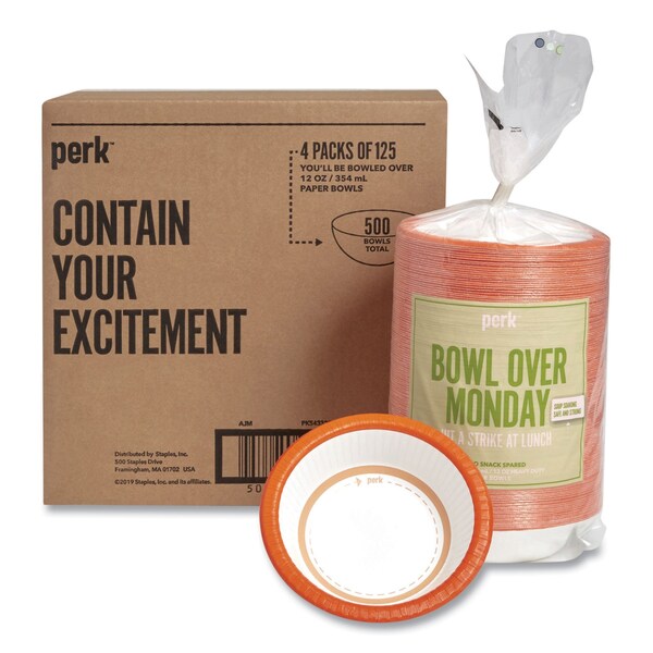 Perk Heavy-Weight Paper Bowls, 12 oz, White/Orange, 500PK - PK54332CT