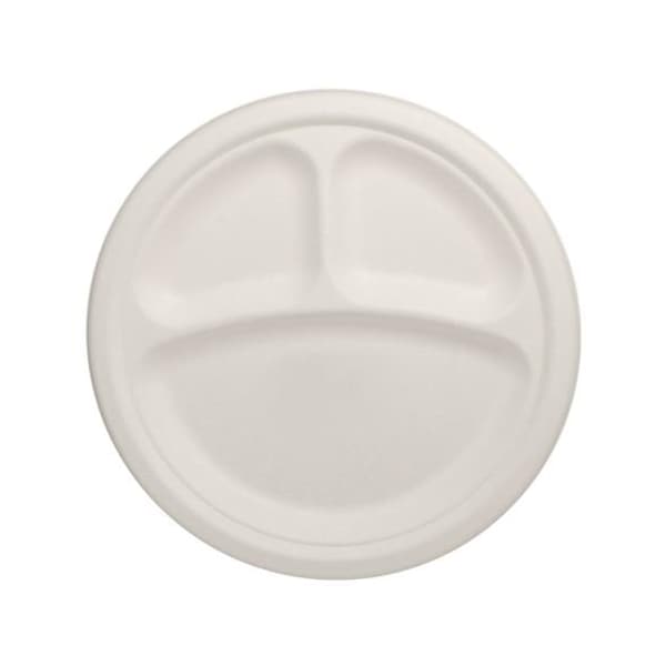 Karat Earth 9 in Round 3-Compartment Bagasse Plates, PK500 - KE-BPR09-3C