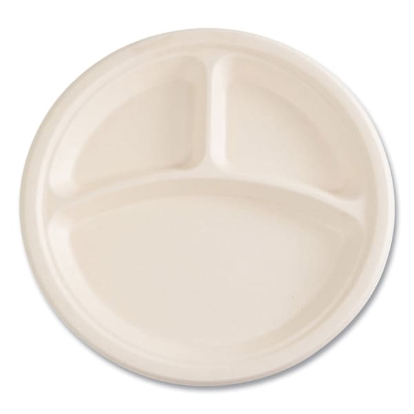 Boardwalk Bagasse PFAS-Free Dinnerware, Plate, 10 in. dia, 3-Compartment, White, 500PK - PL-11BW-NPFA