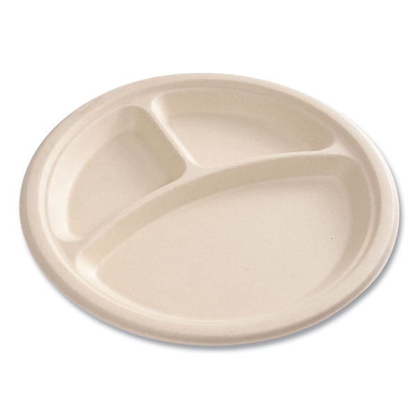 Boardwalk Bagasse PFAS-Free Dinnerware, Plate, 10 in. dia, 3-Compartment, White, 500PK - PL-11BW-NPFA
