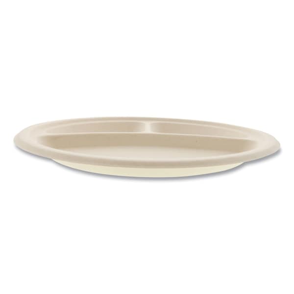 Boardwalk Bagasse PFAS-Free Dinnerware, Plate, 10 in. dia, 3-Compartment, White, 500PK - PL-11BW-NPFA