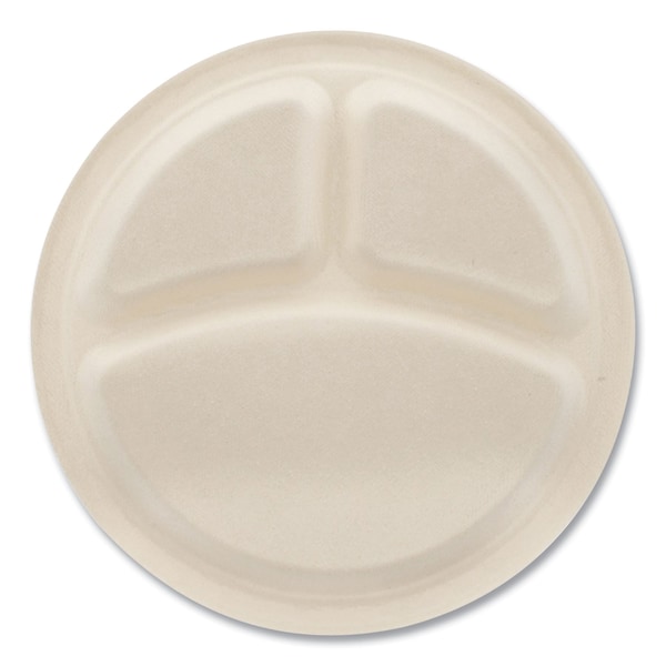 Boardwalk Bagasse PFAS-Free Dinnerware, Plate, 10 in. dia, 3-Compartment, White, 500PK - PL-11BW-NPFA