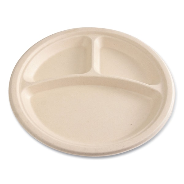 Boardwalk Bagasse PFAS-Free Dinnerware, Plate, 10 in. dia, 3-Compartment, White, 500PK - PL-11BW-NPFA