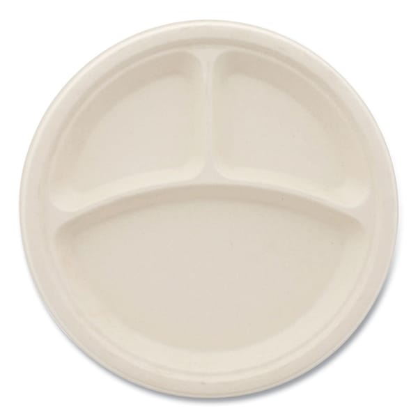 Boardwalk Bagasse PFAS-Free Dinnerware, Plate, 10 in. dia, 3-Compartment, White, 500PK - PL-11BW-NPFA