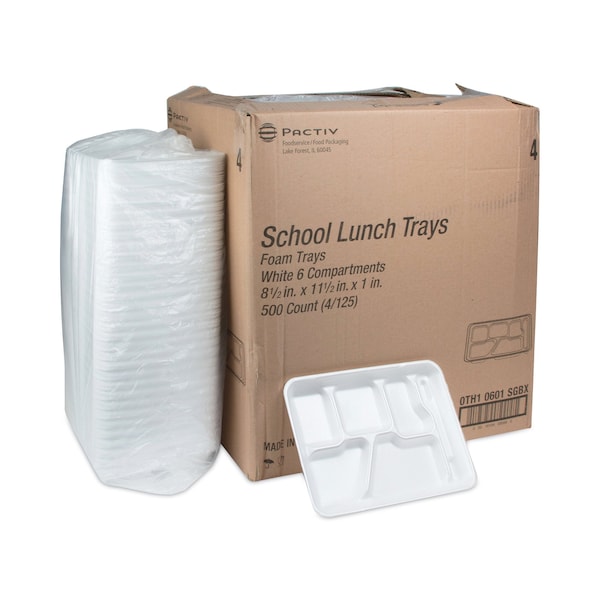 Pactiv Lightweight Foam School Trays, 6-Comp, 8.5 x 11.5 x 1.25, White, PK500 - 0TH10601SGBX