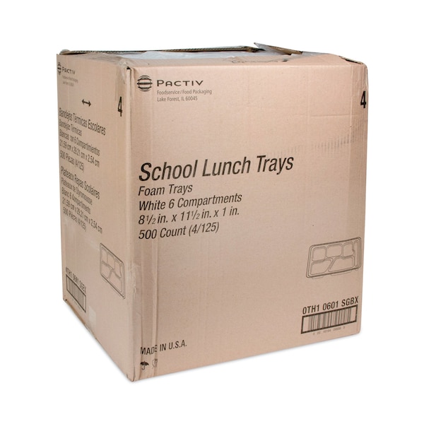 Pactiv Lightweight Foam School Trays, 6-Comp, 8.5 x 11.5 x 1.25, White, PK500 - 0TH10601SGBX