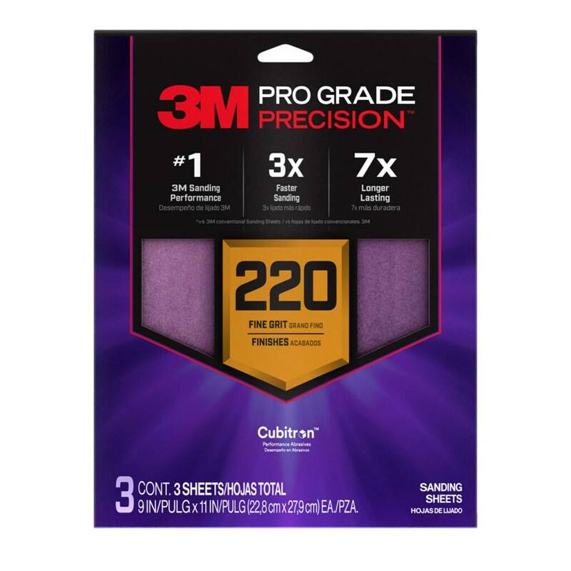 3M Pro Grade Precision 9 pulgadas x 11 pulgadas Papel de lija de 220 Grit para lijado más rápido con respaldo antideslizante (paquete de 3) - SHR220-PGP-3T