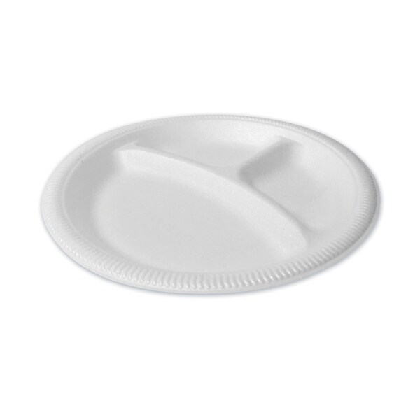 Plastifar Foam Dinnerware, Plate, 3-Compartment, 9in. dia, Poly Bag, White, 500PK - 12201