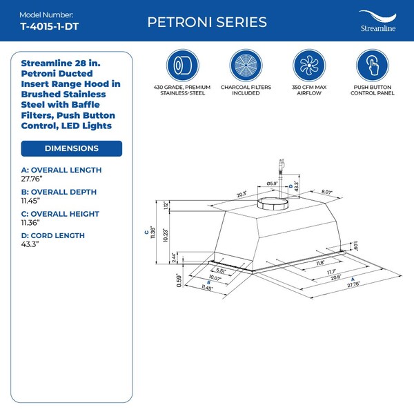 Streamline 28 in. Petroni Ducted Insert 350 CFM Range Hood in Brushed Stainless Steel - T-4015-1-DT