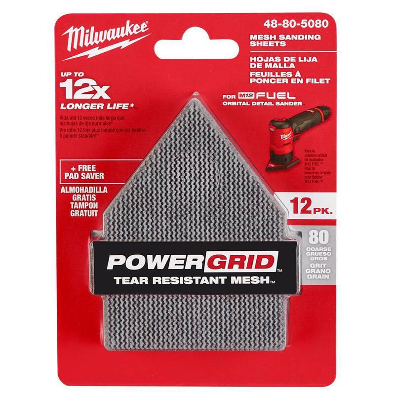 Milwaukee Hojas de lija de malla de 80 granes de 3-3/4 pulgadas (paquete de 12) para la lijadora orbital de detalle M12 FUEL - 48-80-5080